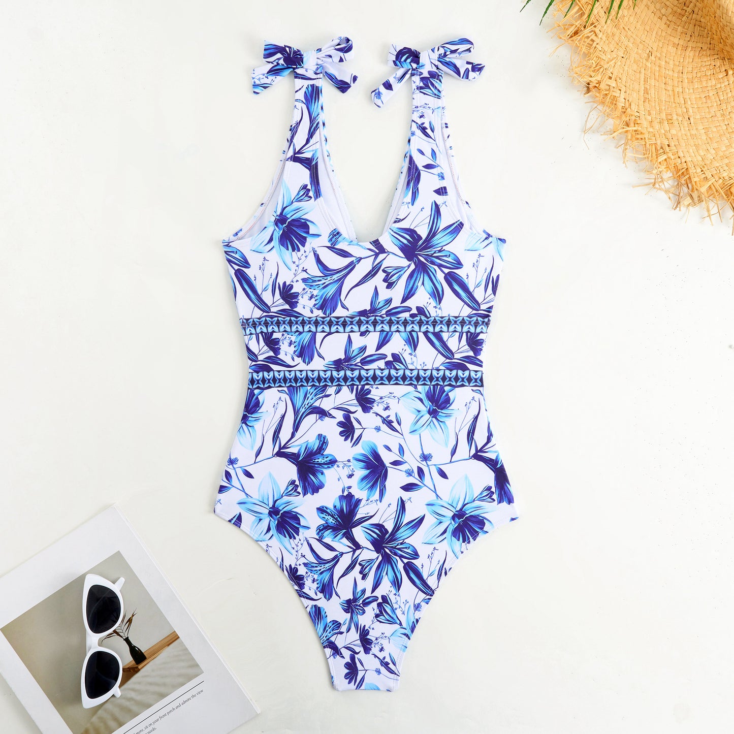 V-neck,blue floral print,swimsuit with a high-wasted sheer skirt