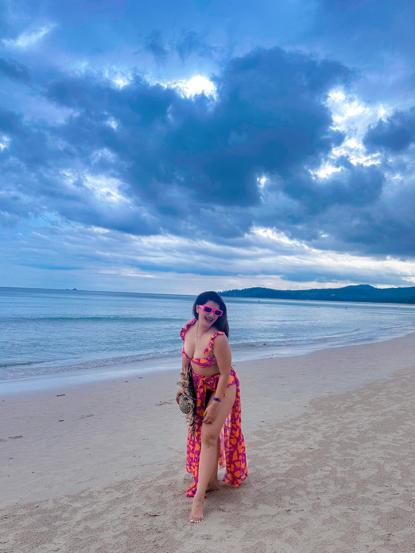 Pink Orange Mini Ruffled Printed Bikini Swimsuit and Skirt