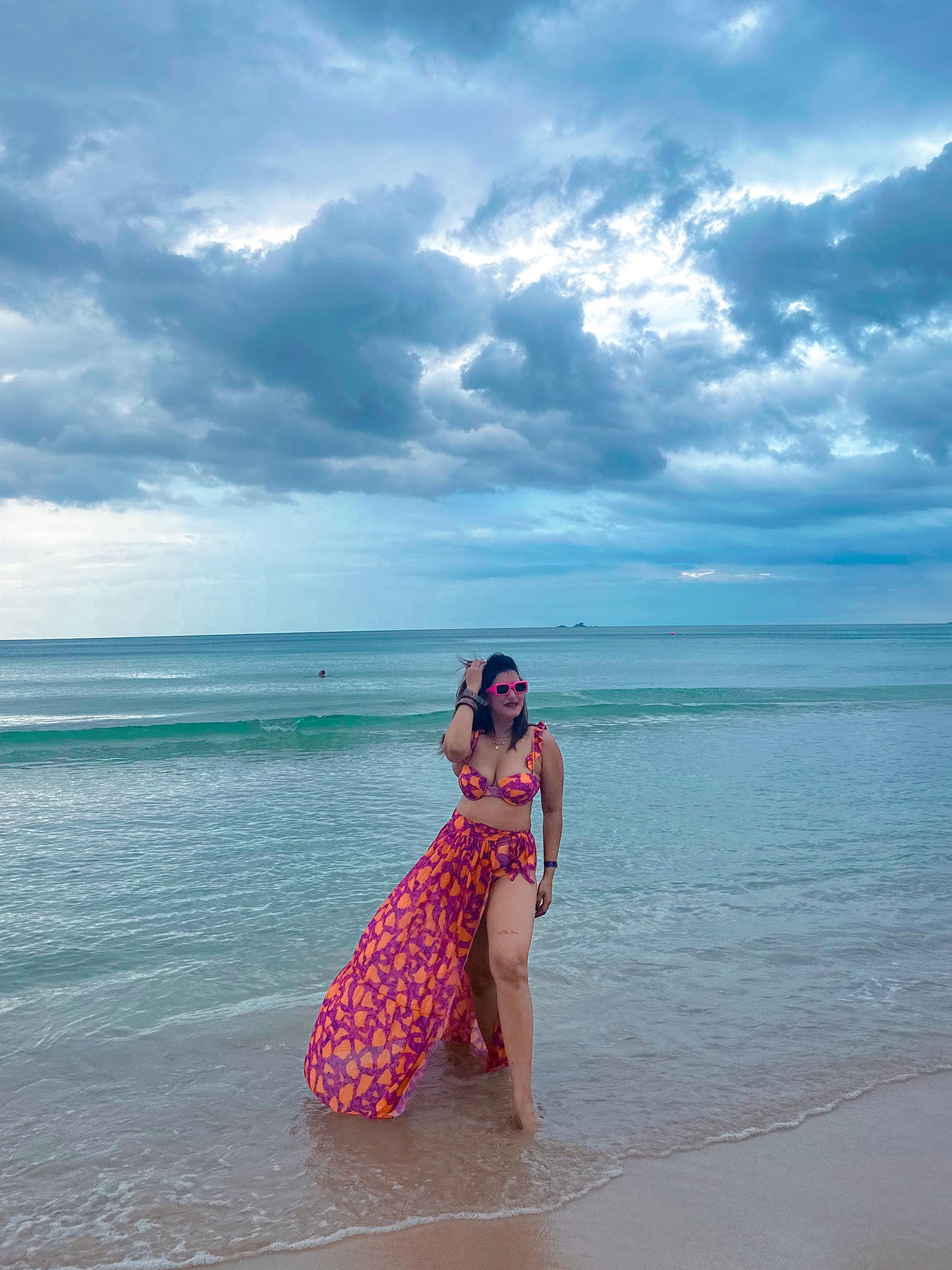 Pink Orange Mini Ruffled Printed Bikini Swimsuit and Skirt