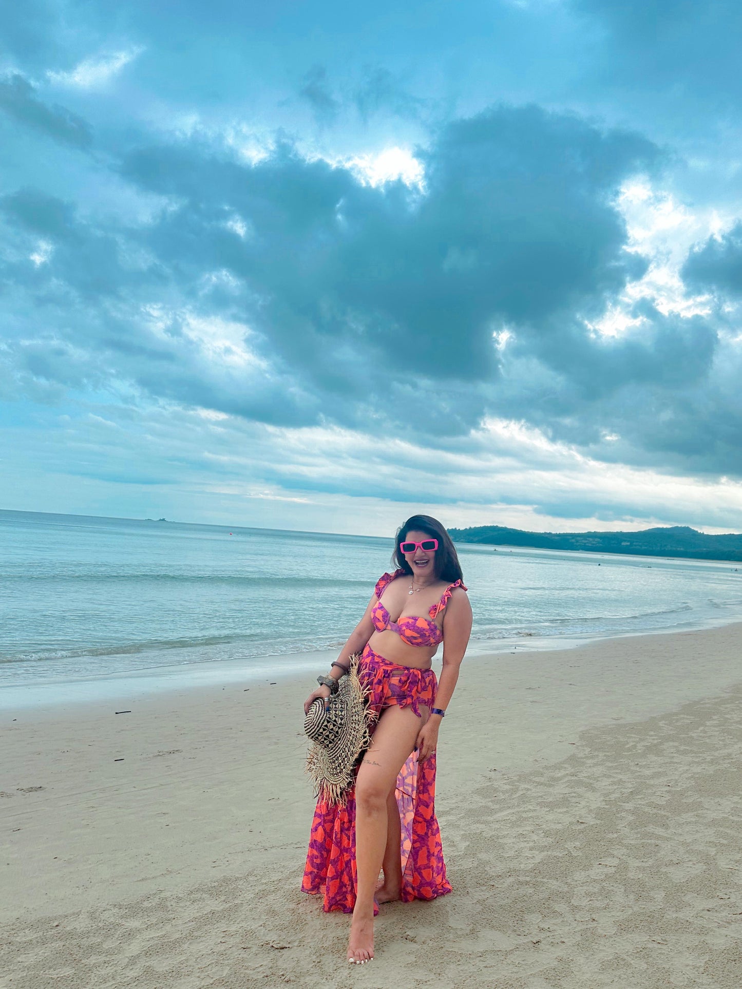 Pink Orange Mini Ruffled Printed Bikini Swimsuit and Skirt