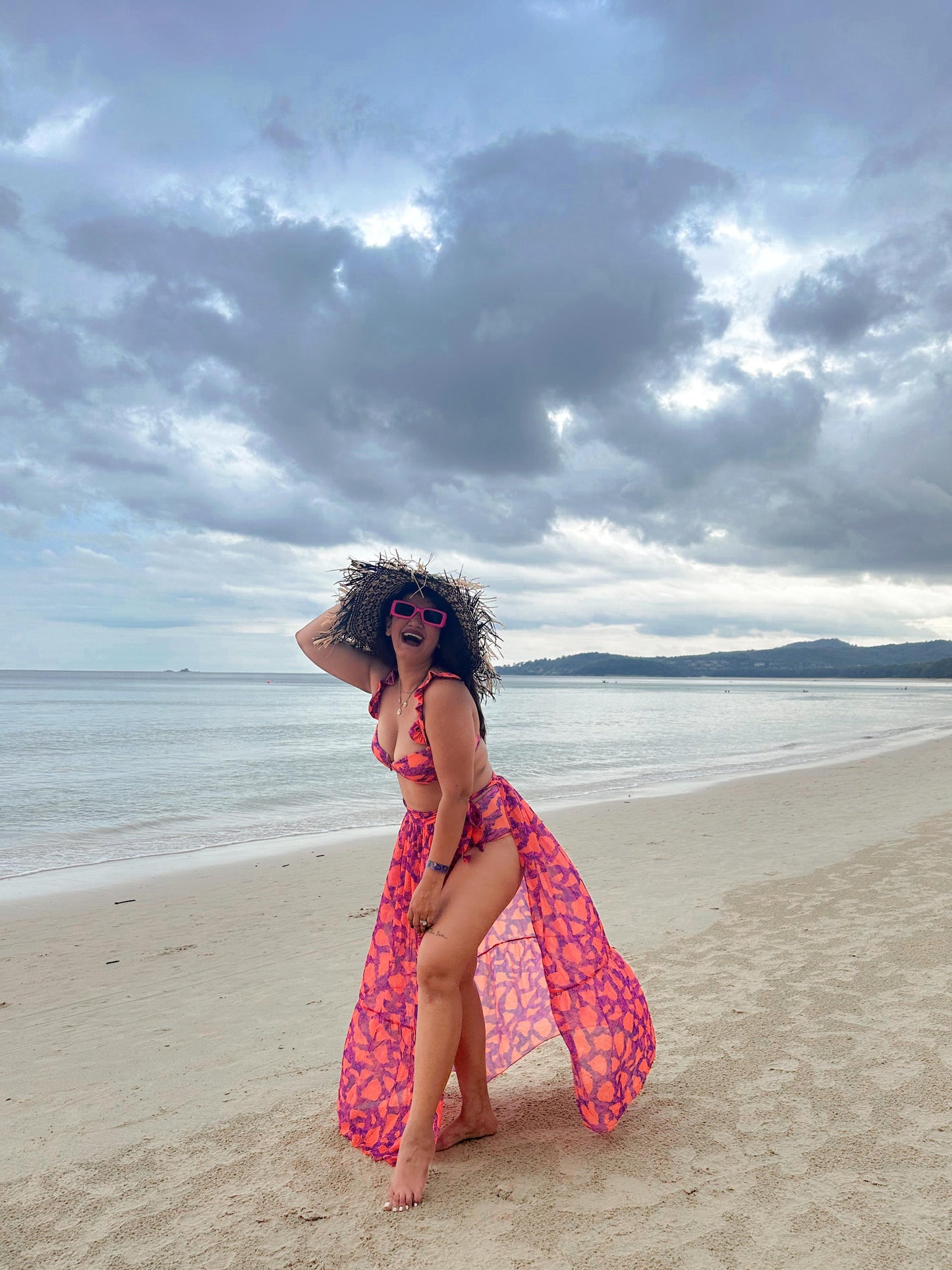 Pink Orange Mini Ruffled Printed Bikini Swimsuit and Skirt